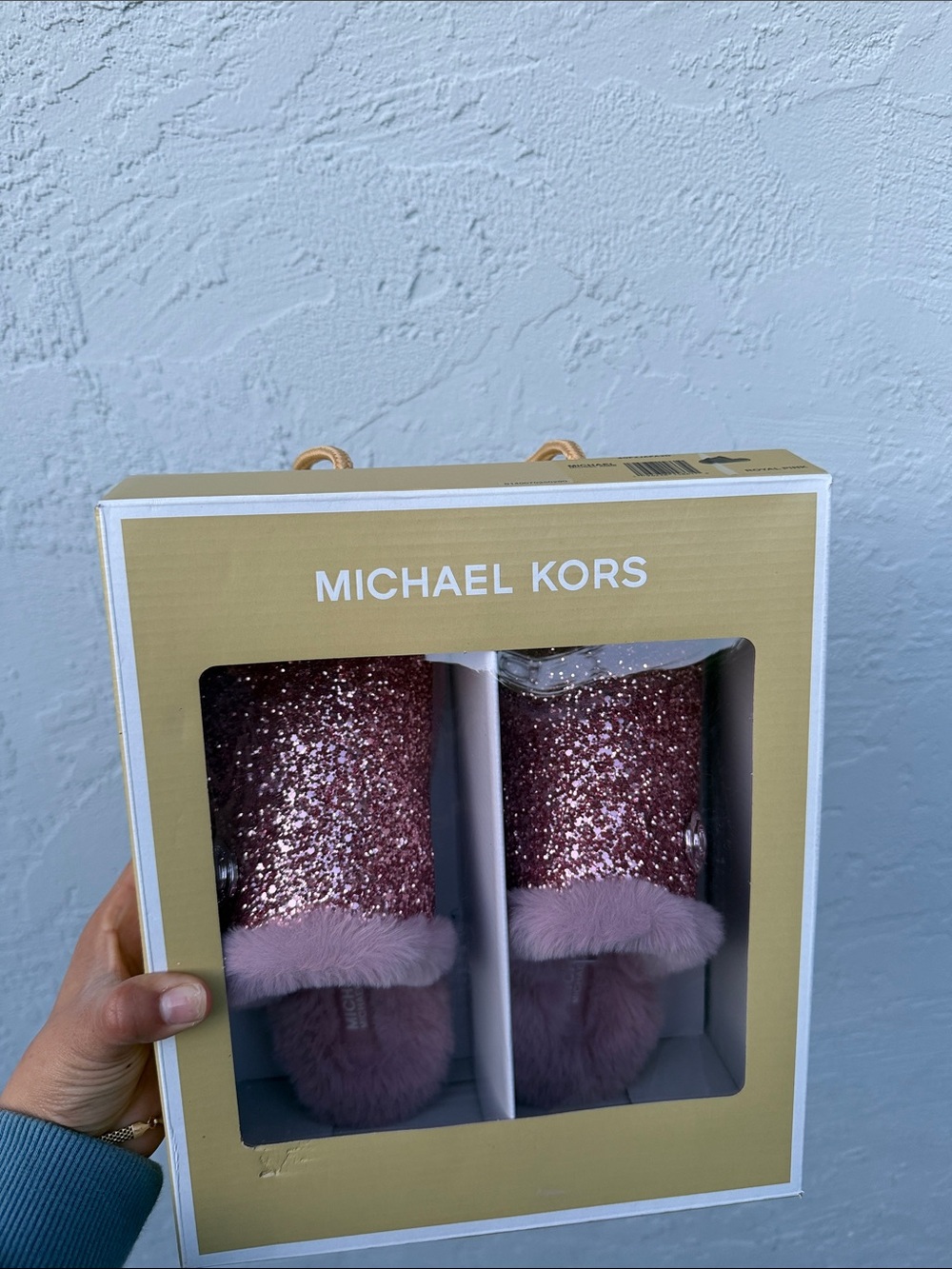 Michael Kors Rose Pink Glitter Faux Fur Slide Slippers